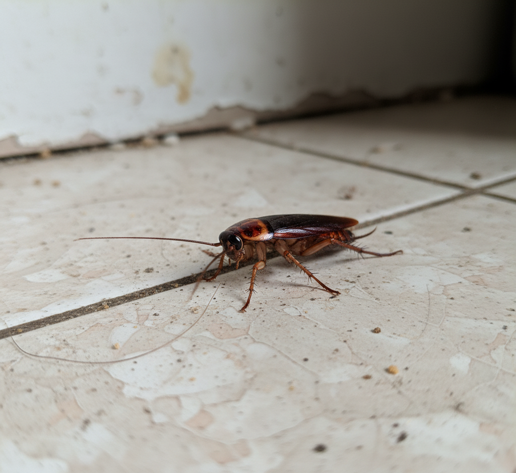 Close-up of a cockroach on bathroom tile before treatment by Cockroach Exterminator in Phoenix.