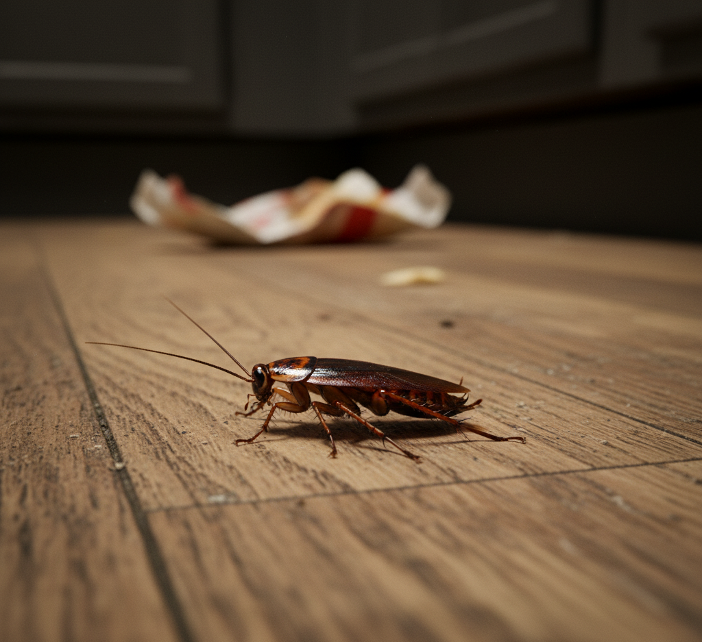 American cockroach near food debris inside home eliminated by Cockroach Exterminator in Phoenix.
